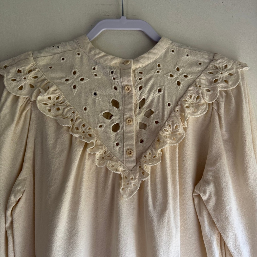 Madewell Cream Eyelet Yoke Ruffle Long Sleeve Blouse Small Ivory Cotton Viscose - Picture 5 of 10
